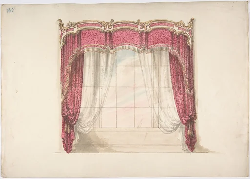 Design for Red Curtains with Gold Fringes and a Gold, Red and White Pediment