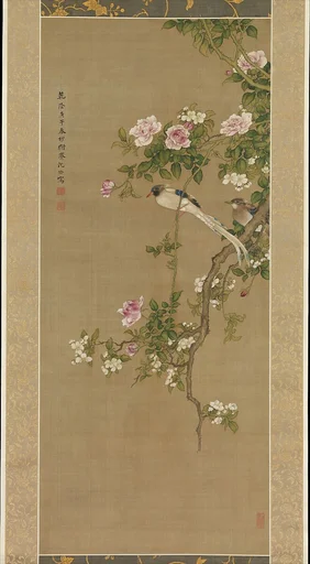 清 沈銓 高堂雙壽圖 軸|Crabapple, China rose, and Indian flycatcher