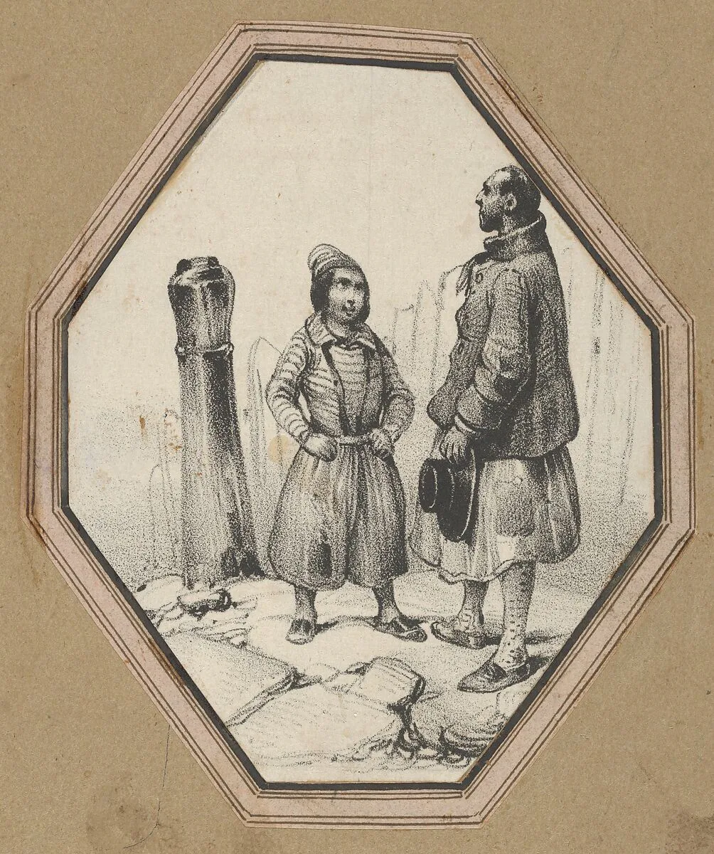 Child staring up at a man — Victor Adam