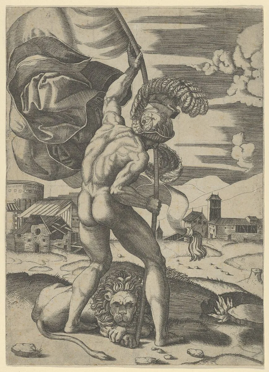 Naked man wearing an elaborate helmet viewed from behind holding a banner, a lion seated on the ground — Marcantonio Raimondi|Raphael (Raffaello Sanzio or Santi)|Giulio Romano