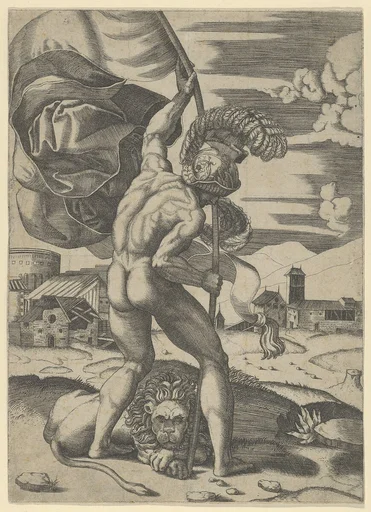 Naked man wearing an elaborate helmet viewed from behind holding a banner, a lion seated on the ground
