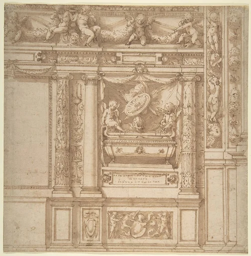Design for Wall Decoration with a Funeral Monument Decorated with Columns and Putti Holding Garlands.