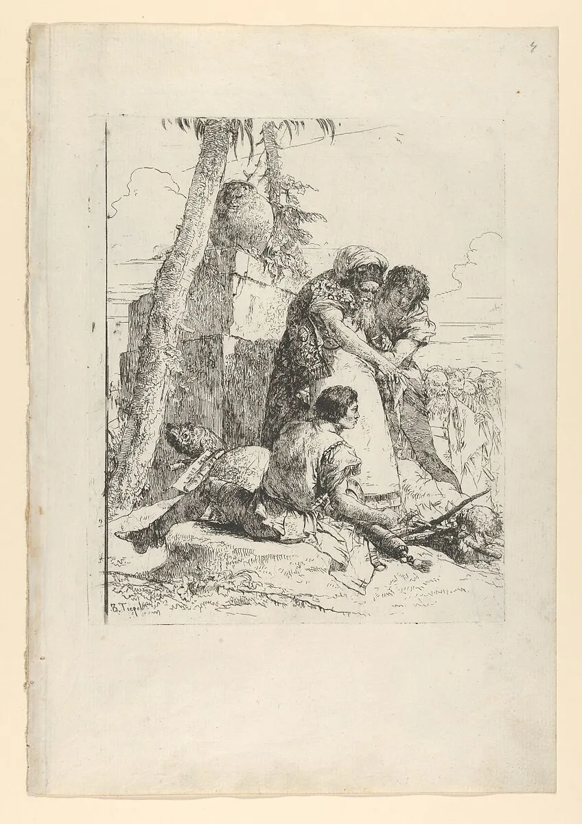 Magician pointing out a burning head to two youths, from the Scherzi — Giovanni Battista Tiepolo