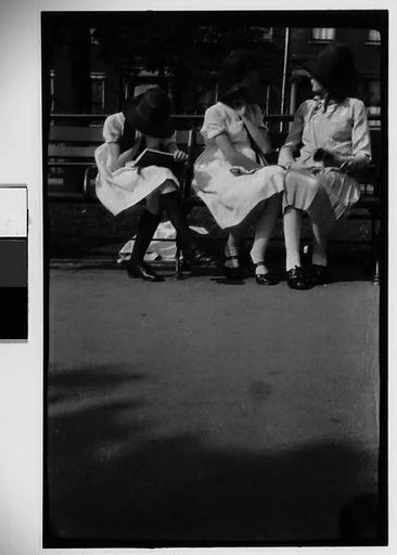 [Three Women in Bonnets on Bench, New York City]