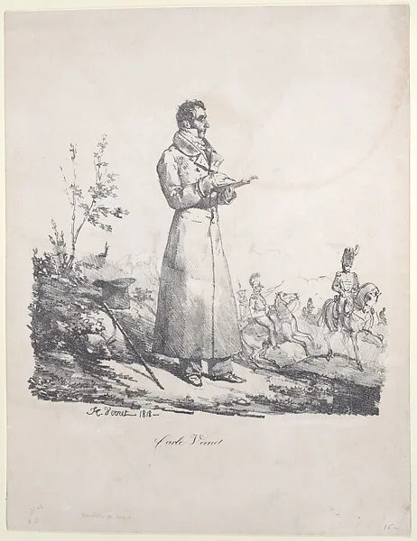 Portrait of Carle Vernet sketching horses and riders — Horace Vernet