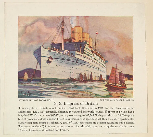 S. S. Empress of Britain, collector card from the Wonder Ships of Today series (D90), issued by the Kelley Baking Company — Kelley Baking Company