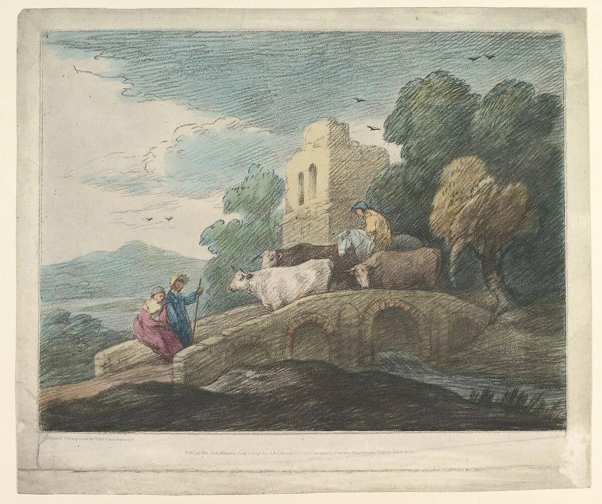 Wooded Landscape with Herdsmen Driving Cattle over a Bridge, Rustic Lovers and Ruined Castle — Thomas Gainsborough|John & Josiah Boydell