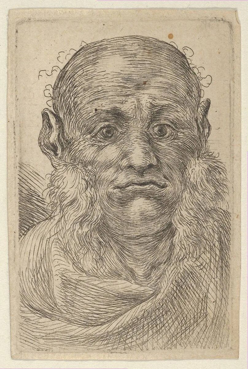 Mask of a Bald Man with Tufty Sideburns, from Divers Masques — François Chauveau|Jacques Van Merlen