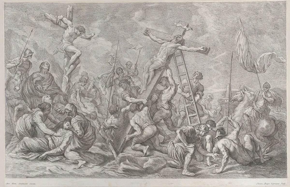 The Crucifixion, with the lowering of the cross at center, soldiers throughout, and a thief on a cross at left — Anton Domenico Gabbiani|Giovanni Battista Cipriani