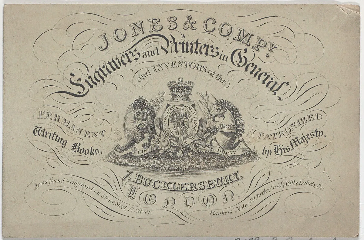 Trade Card for Jones & Company, Engravers and Printers — Anonymous, British, 18th century