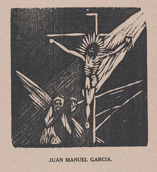 Christ on the Cross, an angel below, from the portfolio 'Los pequeños grabadores en madera, alumnos de la Escuela Preparatoria de Jalisco' (Guadalajara, Mexico 1925). — Juan Manuel García