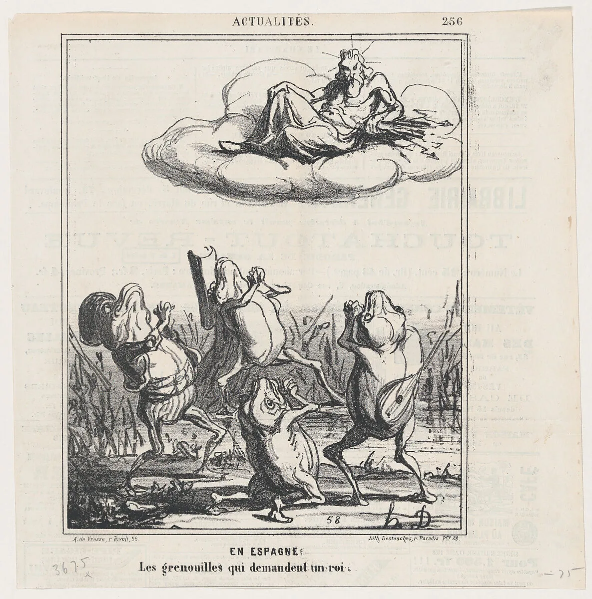 In Spain: the frogs asking for a king, from 'News of the day,' published in Le Charivari, December 3, 1868 — Arnaud de Vresse|Destouches|Honoré Daumier
