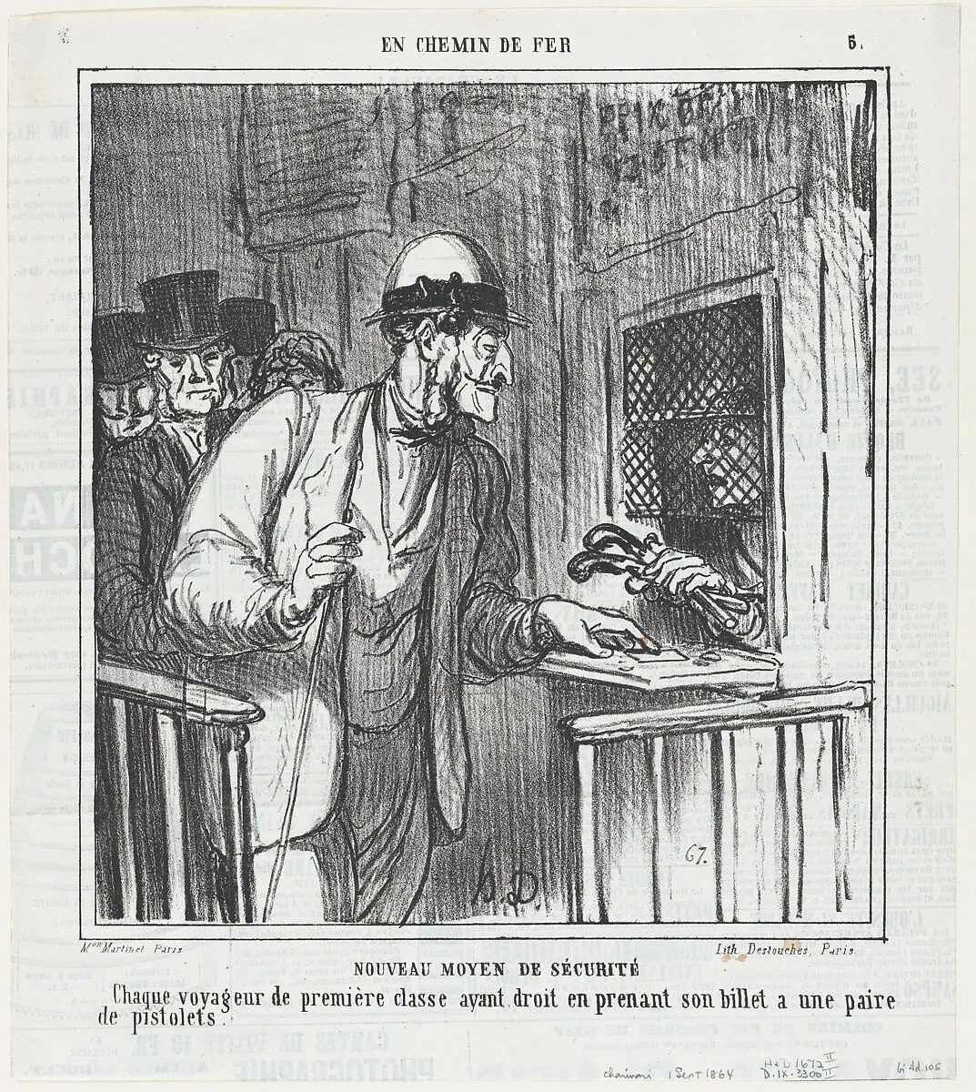 New security measures, from 'On the train,' published in Le Charivari, September 1, 1864 — Honoré Daumier|Aaron Martinet|Destouches