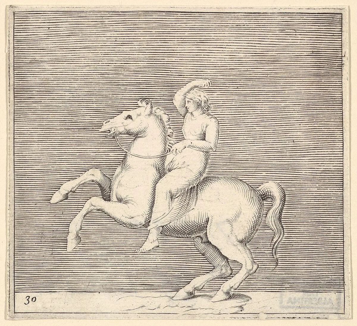 Woman on Rearing Horse, from "Ex Antiquis Cameorum et Gemmae Delineata/ Liber Secundus/et ab Enea Vico Parmen Incis" — Francesco Angeloni|Battista Franco|Philippe Thomassin|Enea Vico|Anonymous, Italian, 16th century