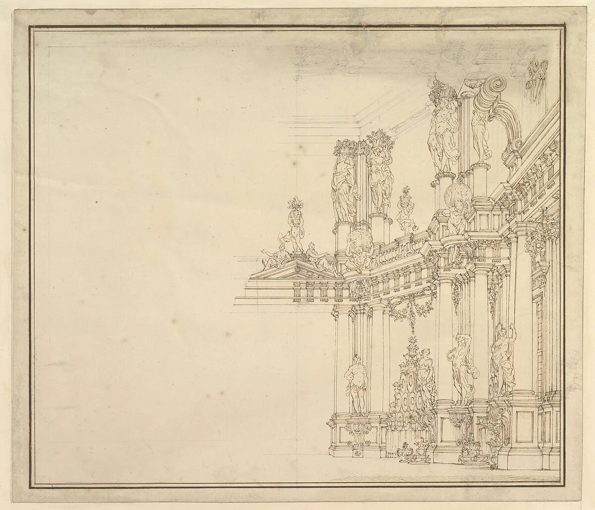 Design for a Stage Set: Palace Hall with Columns and Statues. — Giuseppe Galli Bibiena