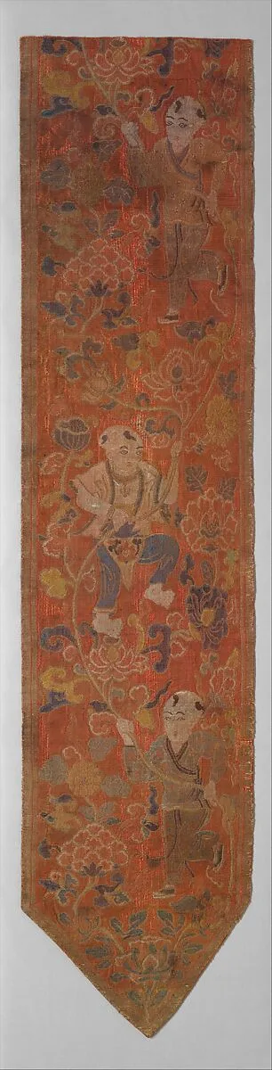 元 童子戯蓮紋羅|Vertical pendant with boys holding a lotus scroll — Unknown