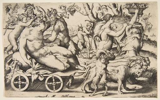 Triumph of Bacchus who is seated on a carriage at left