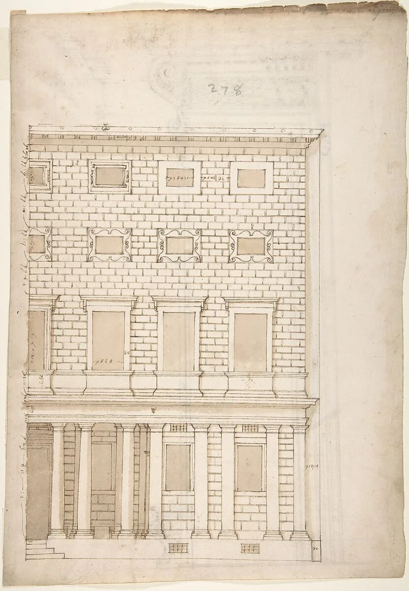 Palazzo Massimo alle Colonne, elevation (recto) Palazzo Massimo alle Colonne, portal, elevation; portal entablature, profile (verso) — Anonymous, French, 16th century