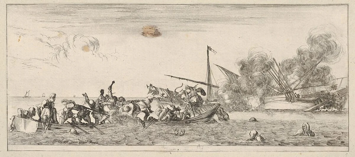 Naval battle, a rowboat filled with people fighting with muskets to left, people drowning in the sea in the center and right foreground, a ship on its side and burning in the background, from 'Peace and War' (Divers desseins tant pour la paix que pour la guerre) — Stefano della Bella|Israël Henriet