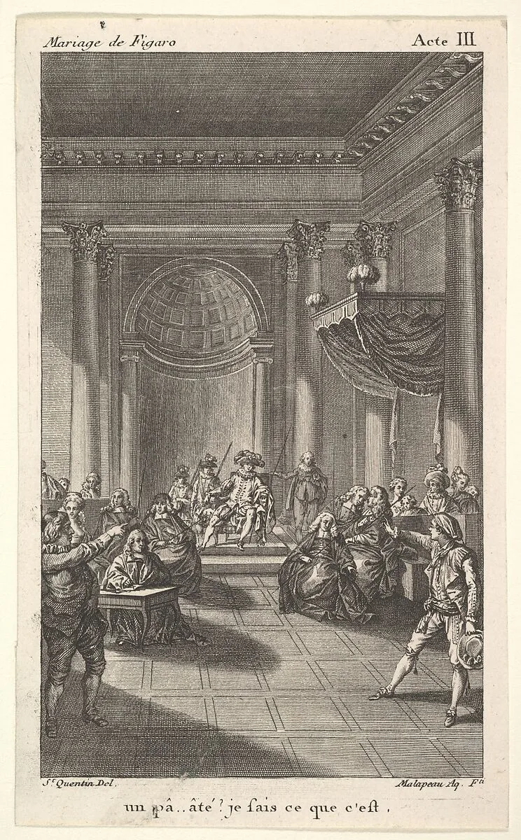 A man seated in a chair on a stepped platform holds an audience, two pointing men stand in the foreground, from a series of five illustrations after Jacques Philippe Joseph de Saint-Quentin for 'The mad day, or the marriage of Figaro' (La Folle journée, ou le mariage de Figaro) by Pierre Augustin Caron de Beaumarchais — Jacques Philippe Joseph de Saint Quentin|Claude Nicolas Malapeau