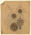 Vertical Panel with Three Gold Circles with Black Linework Combined with a Yellow Rose at the Bottom Left — Anonymous, French, 20th century