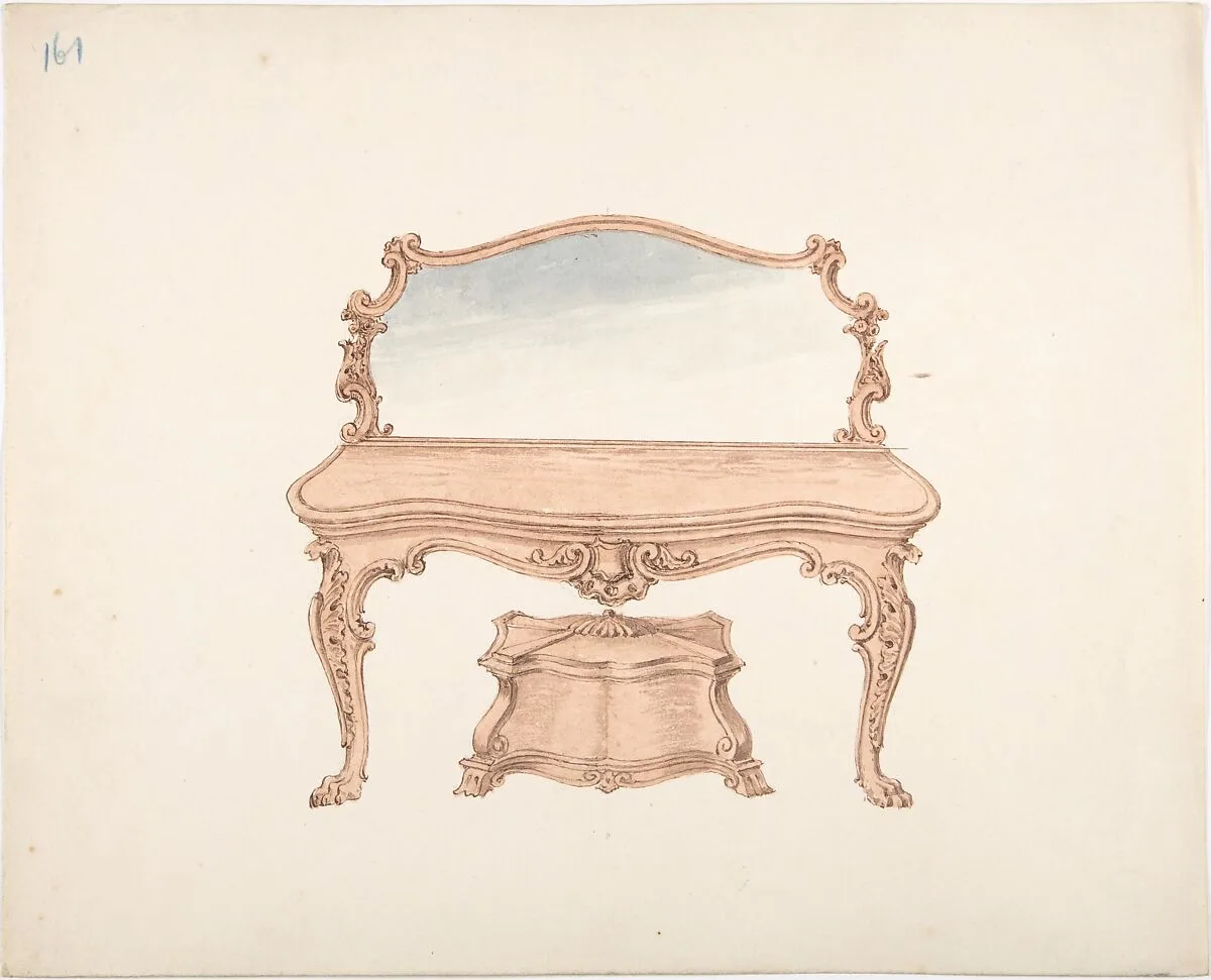 Design for a Mirrored Dressing Table with Baroque Ornament, and a Casket — Anonymous, British, 19th century