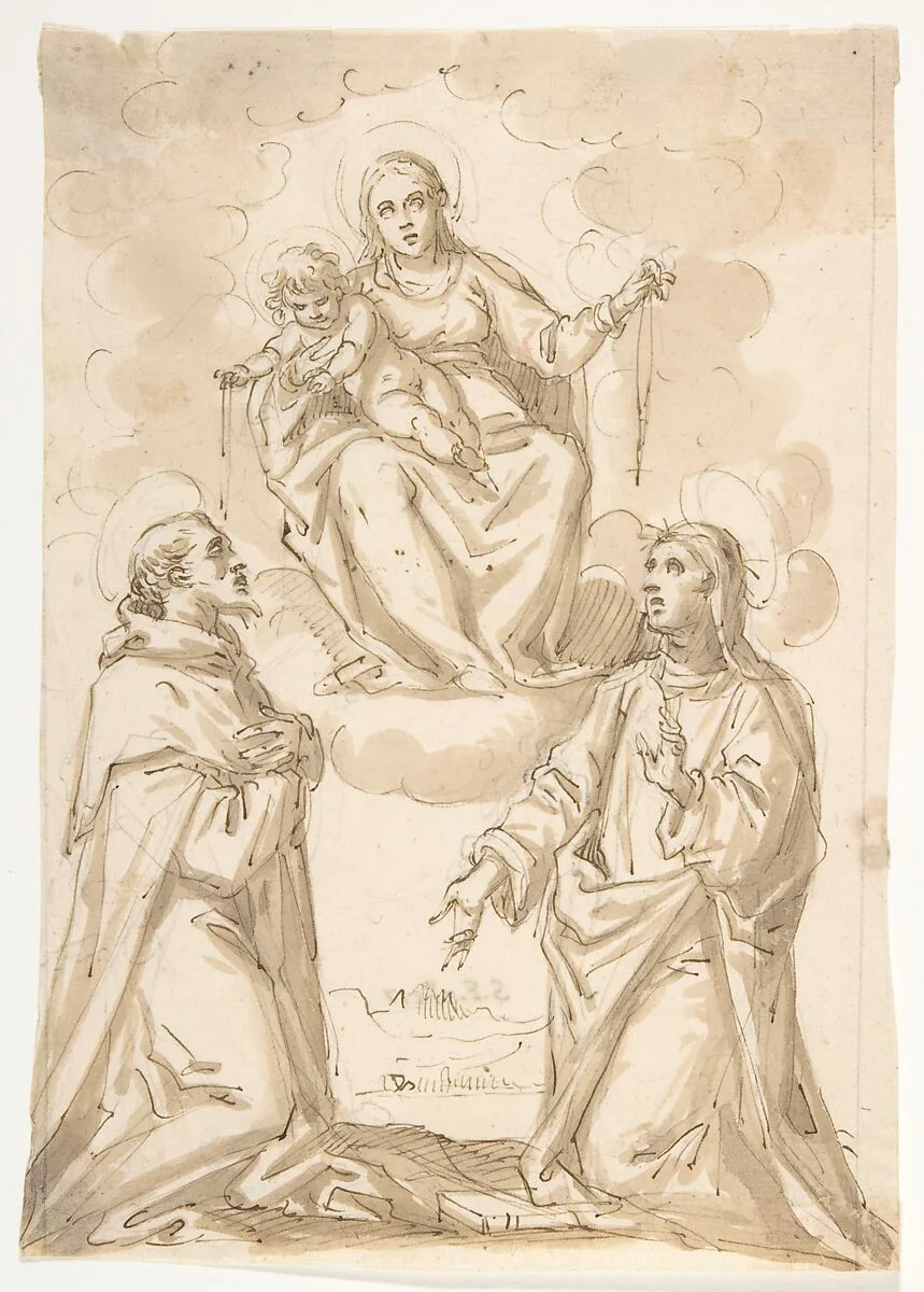 The Virgin and Child with Chaplets Appearing to Saint Dominic and Saint Catherine of Siena — Pietro Mera ("Il Fiammingo")