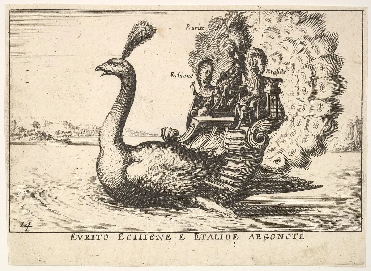 Plate 14: The Argonauts Eurytus, Echion, and Aethalides (Eurito Echione e Etalide Argonote), led by Mercury in the form of a peacock, from the series 'The magnificent pageant on the river Arno in Florence for the marriage of the Grand Duke' (Le Magnifique carousel fait sur le fleuve de l'Arne a Florence, pour le mariage du Grand Duc), for the wedding celebration of Cosimo de' Medici in Florence, 1608 — Anonymous|Giulio Parigi|Remigio Cantagallina|Jean Sauvé