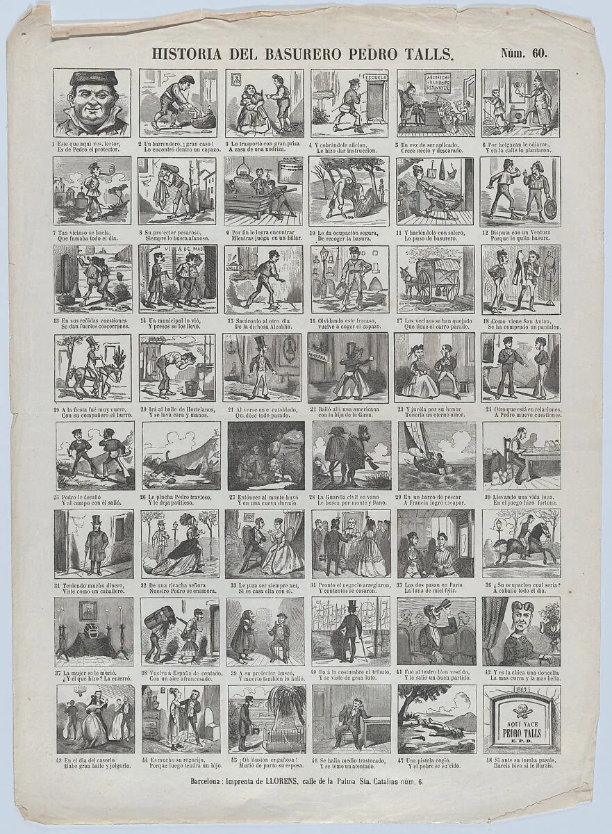 Broadside with 48 scenes relating to the life of the garbage man (trash man) Pedro Talls — Juan Llorens