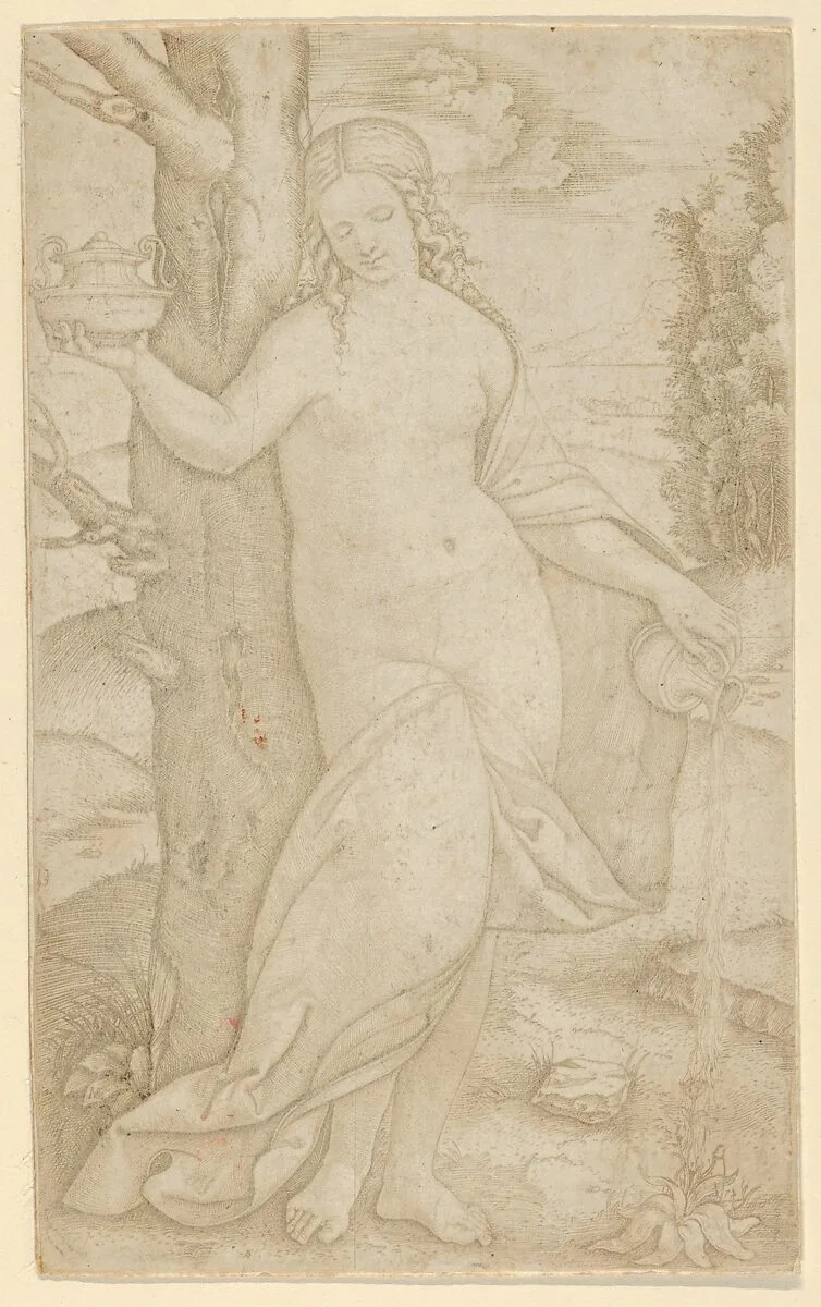 A woman watering a plant, a pot in her raised right hand — Marcantonio Raimondi