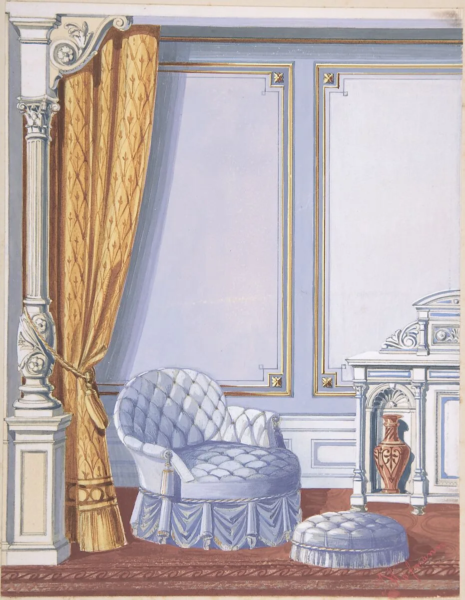 Interior Design for a Gray Curtained Alcove, with an Uphostered Armchair, Ottoman and Cabinet — Anonymous, British, 19th century