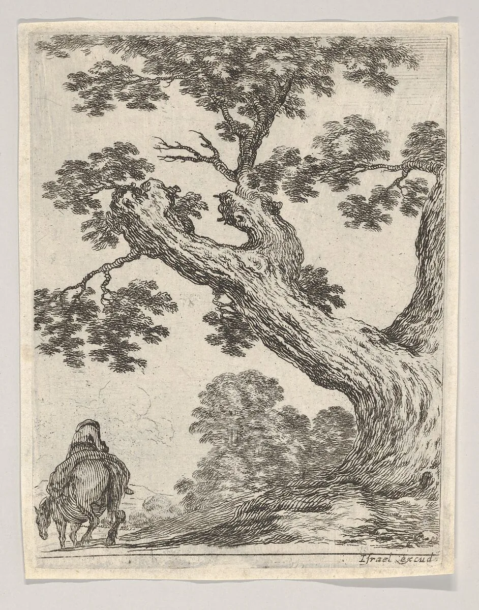 Plate 18: a large tree at right, a man on horseback at left, seen from behind riding towards the left, from 'Various figures and doodles' (Diverses figures et griffonnemens) — Stefano della Bella|Israël Henriet