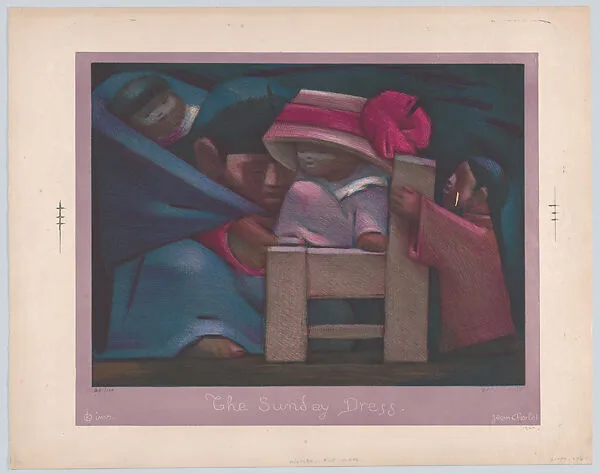'The Sunday Dress', Mexican family including a child on a chair wearing an elegant hat — Kistler (Lynton R. and/or Will A.)|Jean Charlot