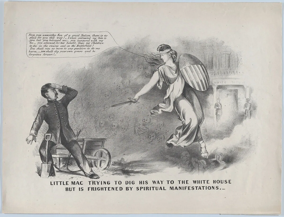 Little Mac Trying to Dig His Way to the White House, But is Frightened by Spiritual Manifestations — Anonymous, American, 19th century