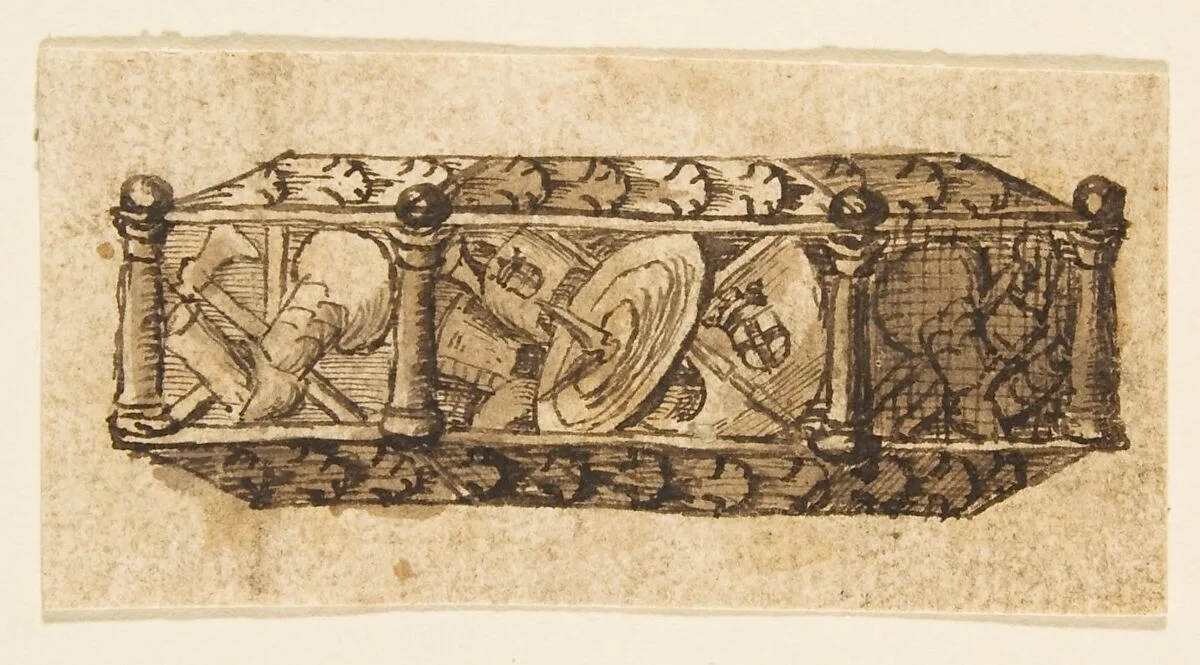 Design for an Object (Casket?) Decorated with Armorial Trophies and Foliage — Anonymous, French, 19th century