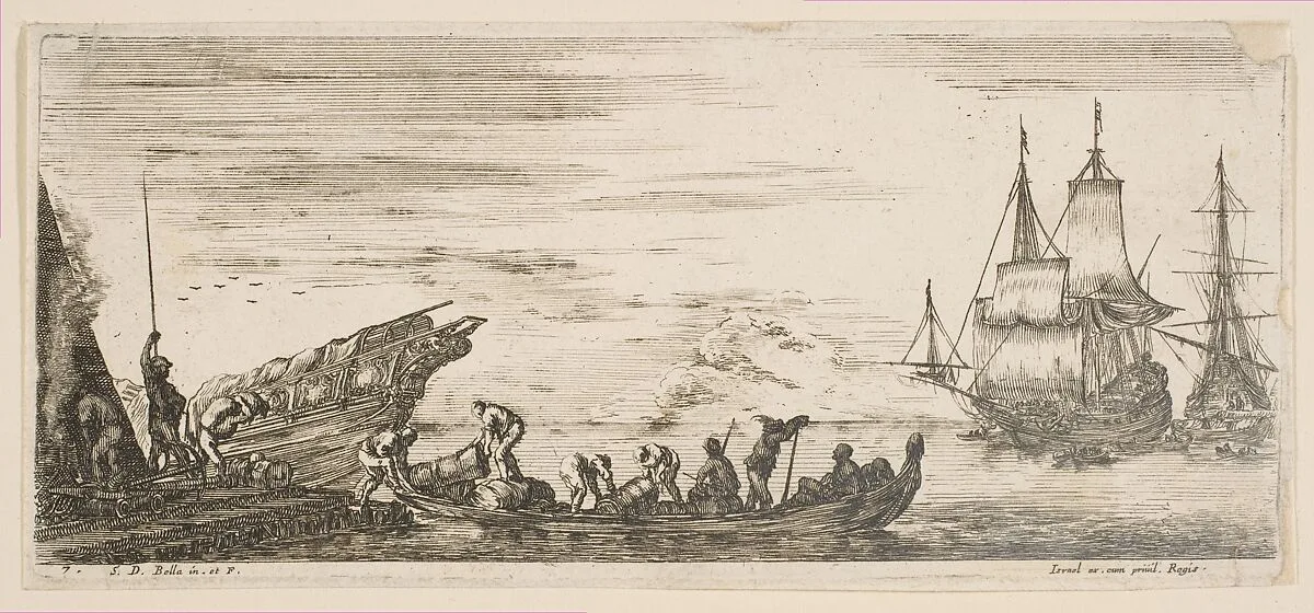 Plate 7: merchandise loaded onto a boat, two galleys in the background to right, from 'Various Embarkations' (Divers embarquements) — Stefano della Bella|Israël Henriet