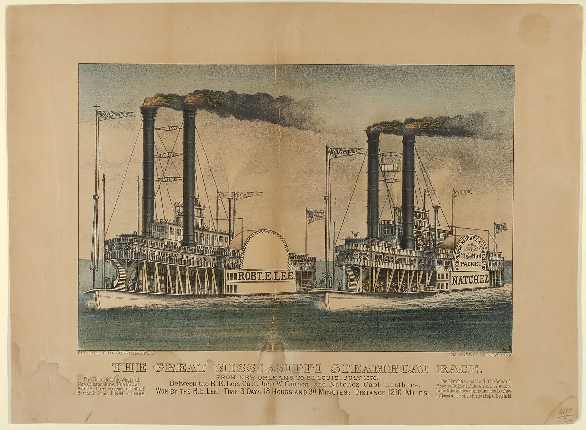 The Great Mississippi Steamboat Race–From New Orleans to St. Louis, July 1870–Between the R.E. Lee, Captain John W. Cannon and Natchez Captain Leathers–Won by the R.E. Lee, Time: 3 Days 18 Hours and 30 Minutes; Distance 1210 Miles. — Currier & Ives