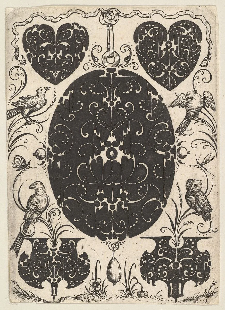 Oval Pendant Decorated with Schweifwerk, Surrounded by Smaller Motifs and Four Birds — Jacques Hurtu|Pierre Firens I