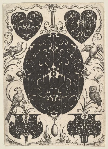 Oval Pendant Decorated with Schweifwerk, Surrounded by Smaller Motifs and Four Birds