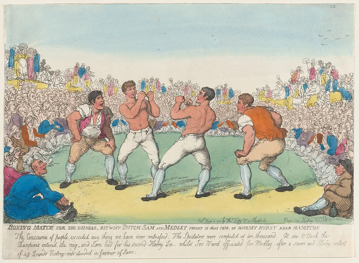 Boxing Match For 200 Guineas, Betwixt Dutch Sam and Medley, Fought 31 May 1810, on Moulsey Hurst Near Hampton — Thomas Tegg|Ben Medley|Samuel Elias|Thomas Rowlandson|Thomas Cribb