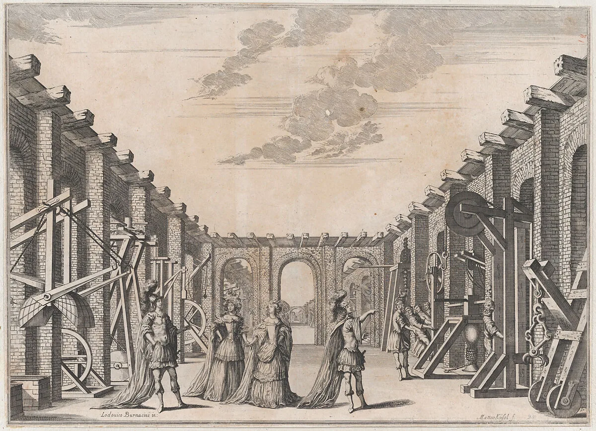 Two men in classical armor and two women looking at the mechanical devices on either side of an open courtyard; set design from 'Il Fuoco Eterno' — Ludovico Ottaviano Burnacini|Mathäus Küsel
