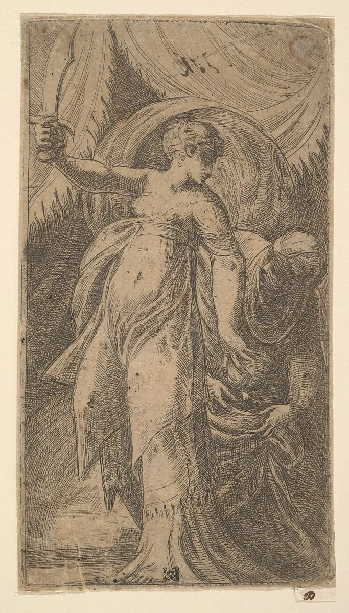 Judith with her sword raised in her right hand and placing the head of Holofernes in the sack with her left — Andrea Schiavone (Andrea Meldola)