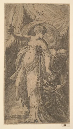 Judith with her sword raised in her right hand and placing the head of Holofernes in the sack with her left