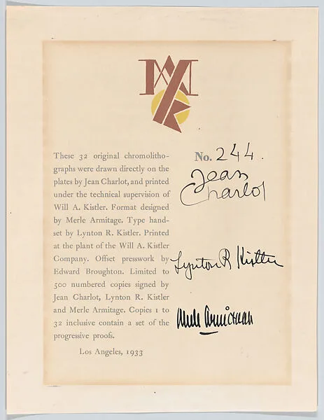 Picture Book, final page (colophon), combined intitial of Merle Armitage and trademark of the Will A. Kistler Company and text relating to contents of book — Jean Charlot|Will A. Kistler