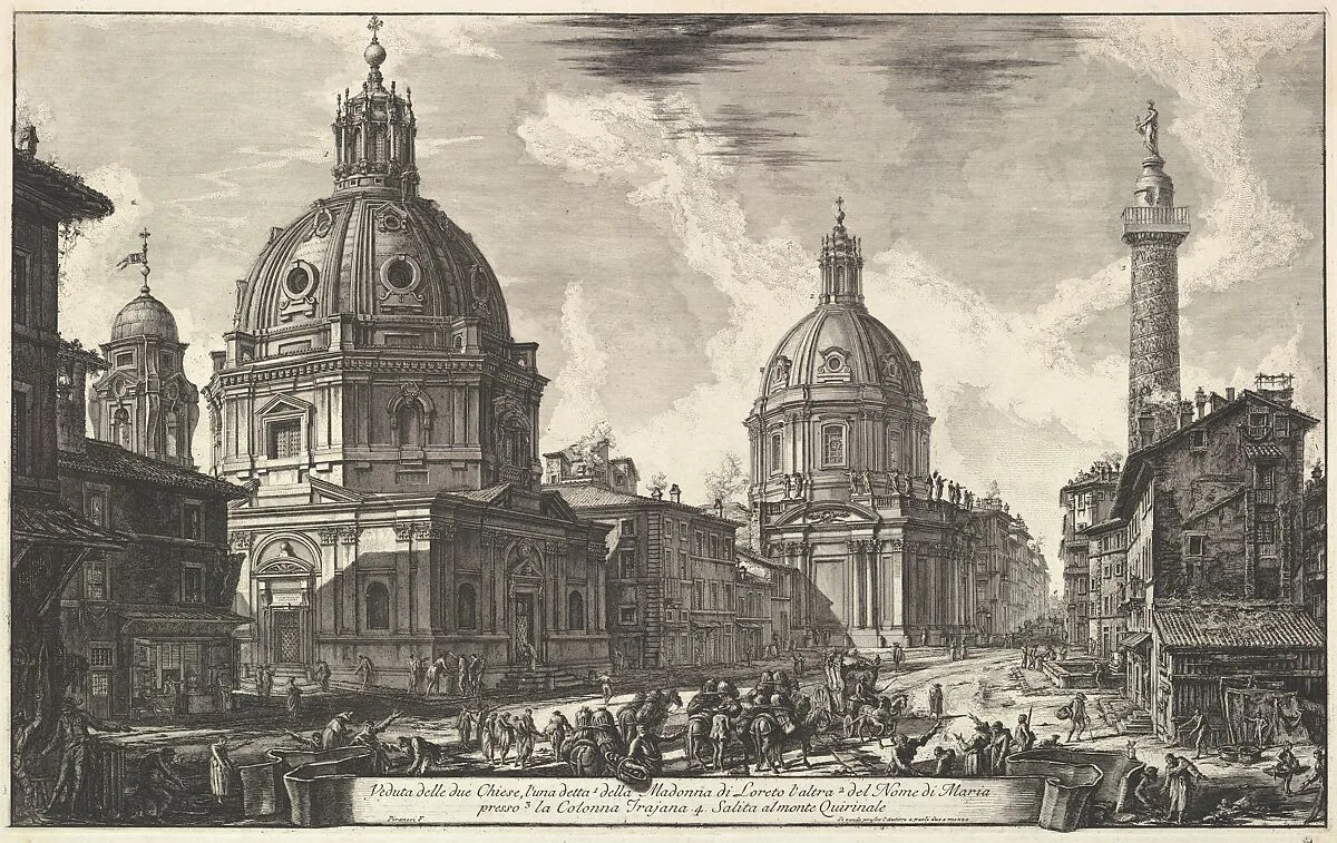 Two churches near Trajan's column, S. Maria di Loreto and Santissimo Nome di Maria (Veduta delle due chiesa, l'una detta della Madonna di Loreto, l'altra del nome di Maria, presso la Colonna Trajana) — Giovanni Battista Piranesi