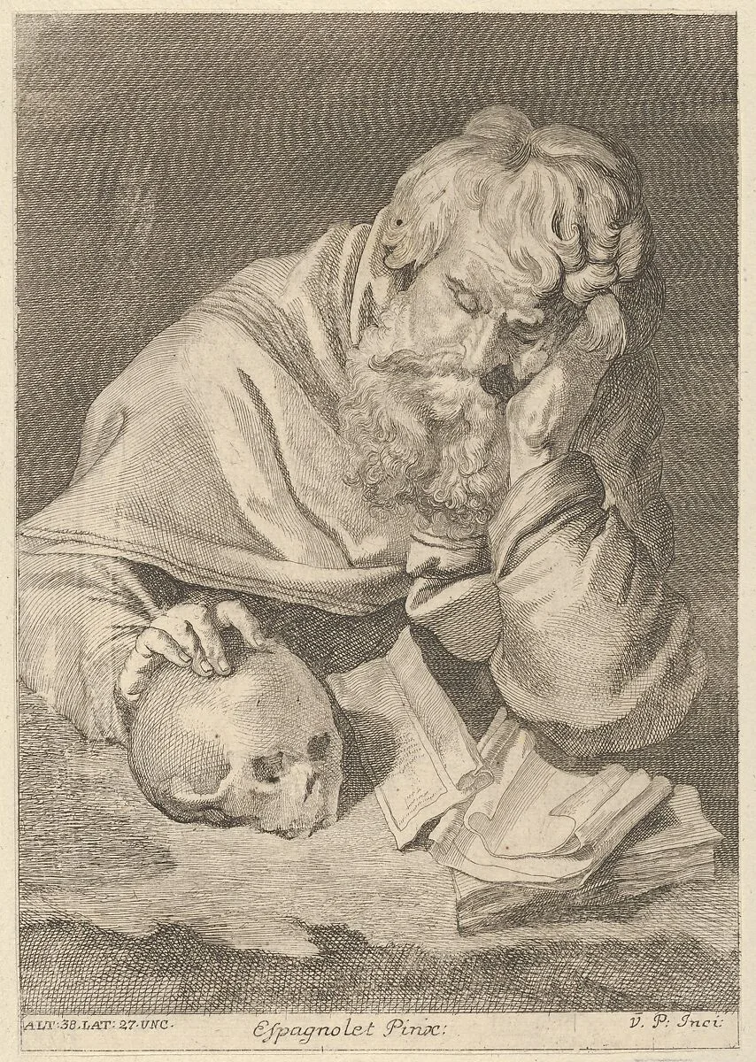 A saint seated at a table with his right hand resting on a skull, from a portfolio of reproductions of the Imperial Gallery of Paintings in Vienna; plate 33 of the series — Jusepe de Ribera (called Lo Spagnoletto)|Anton Joseph von Prenner