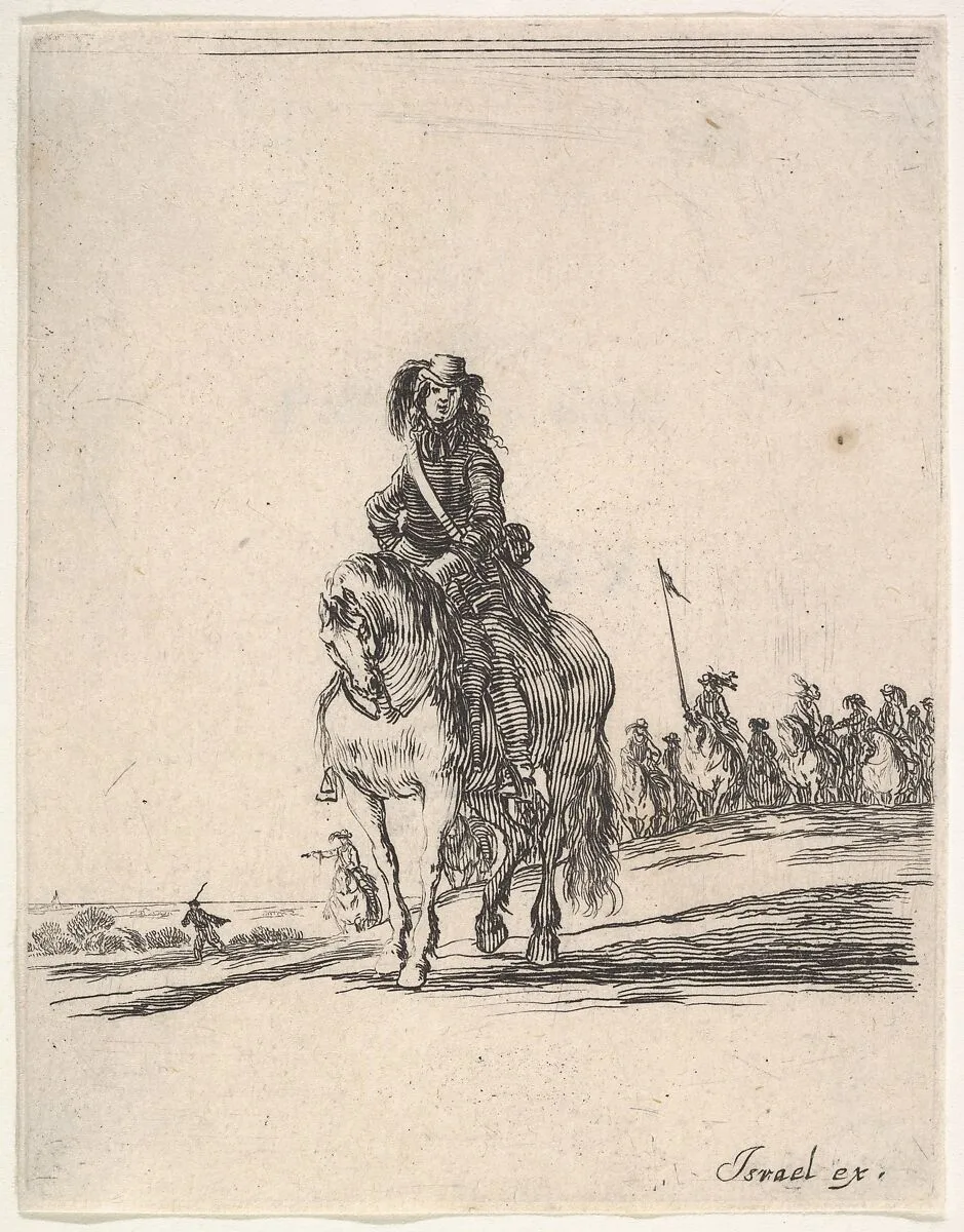 A horseman, facing front, a group of horsemen in background to the right, from 'Various cavalry exercises' (Diverses exercices de cavalerie) — Stefano della Bella|Israël Henriet