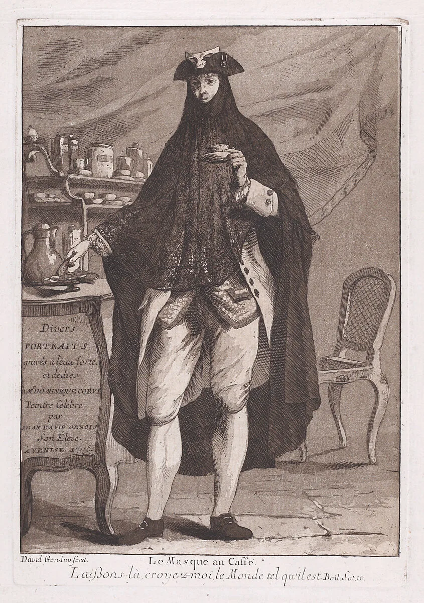 A man wearing a mask drinking a cup of coffee (Le Masque au Caffé), title page to "Divers Portraits" — Giovanni David