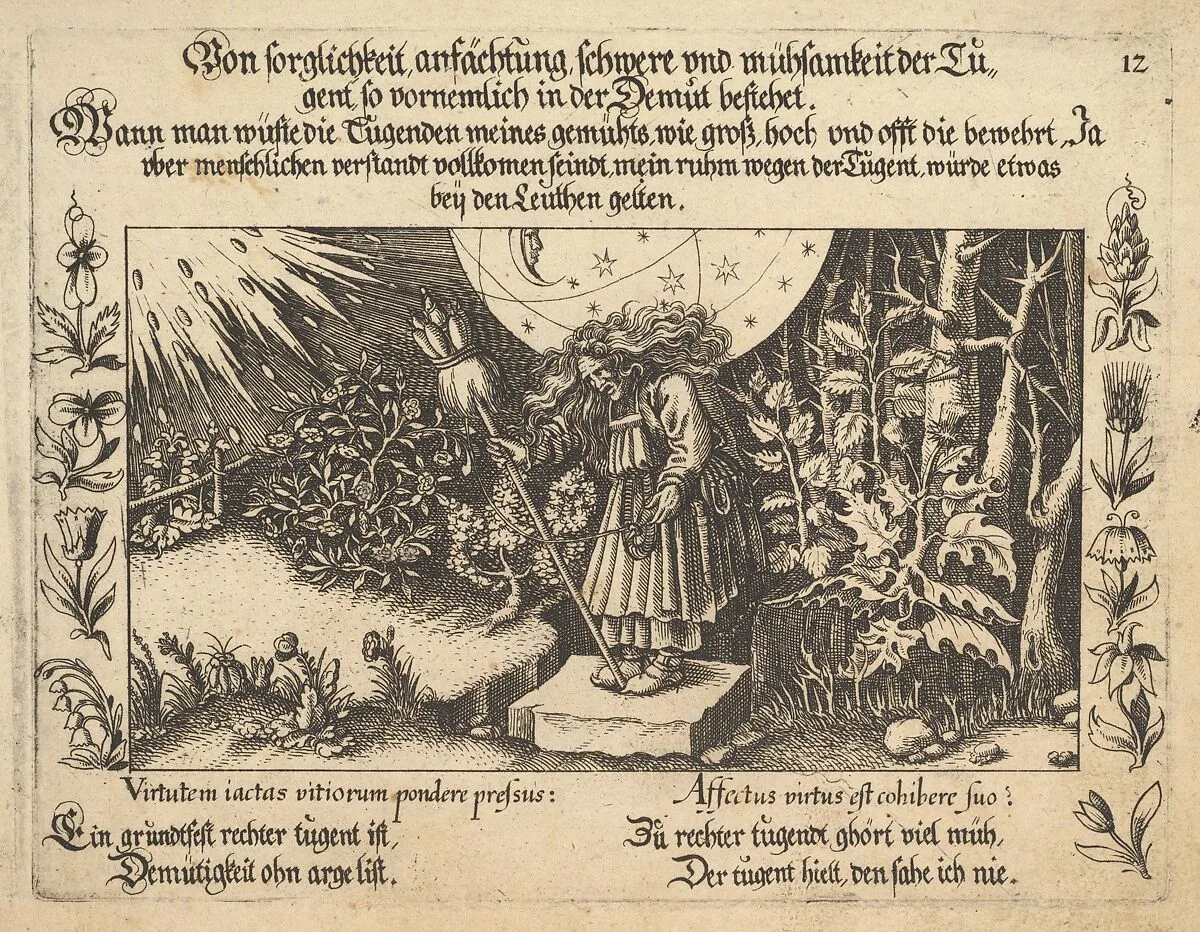 Von sorglichkeit ansächtung, schwere und mühsamkeit der Tugent, so vornemlich in der Demut betehet, illustration from Petrarch, Glück und Unglück Spiegel, figure 12 — Balthasar Schwan