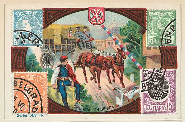 The Mail in Servia, bakery card from the Stamps and Mail Carriers of All Nations series (D73), issued by the Rochester Baking Company — Rochester Baking Company